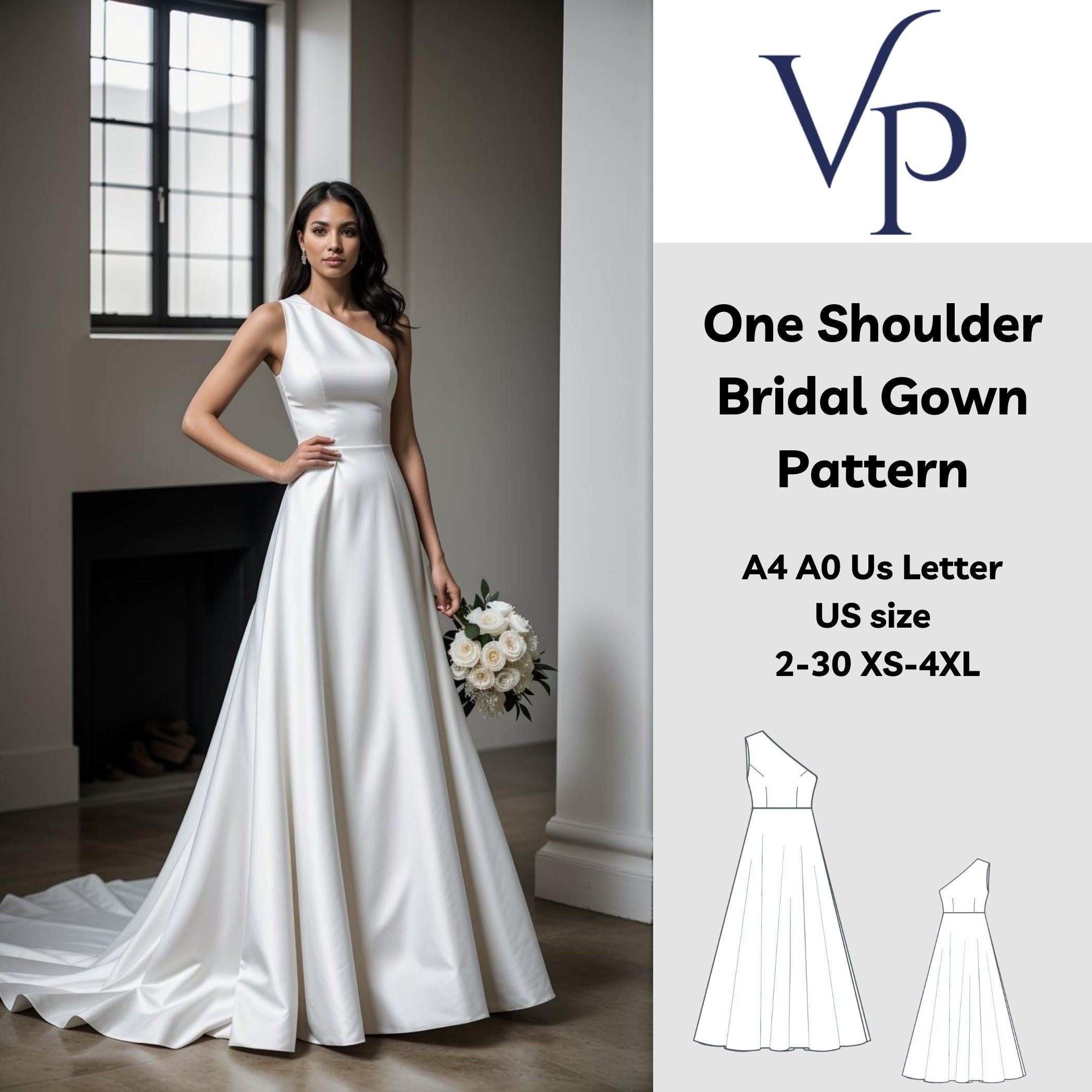 One Shoulder Bridal Gown Sewing Pattern: Maxi Circle Dress (XS-4XL