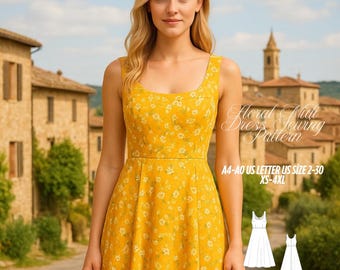 Floral Midi Dress Sewing Pattern: Sleeveless A-Line (XS-4XL) (PDF Pattern)