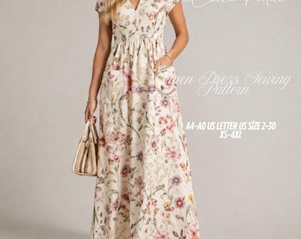 Linen Dress Sewing Pattern: Gathered Skirt Pockets, Sundress, Milkmaid Style (XS-4XL) (Digital Download)