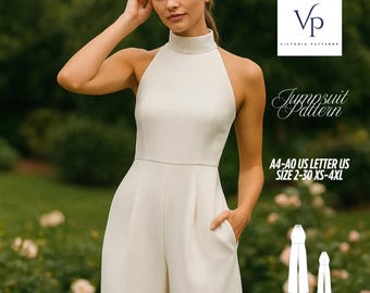 Halter Neck Linen Jumpsuit Sewing Pattern: XS-4XL (PDF Digital Pattern)