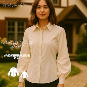 May include: A cream-colored balloon sleeve blouse with a button-down front and a classic collar. The image includes the text "Victoria Pattern" and "Balloon Sleeve Blouse", along with sizing information for US sizes 2-30 and XS-4XL.