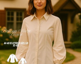 Balloon Sleeve Blouse Sewing Pattern: Women's Button Down Top (XS-4XL) (Digital Download