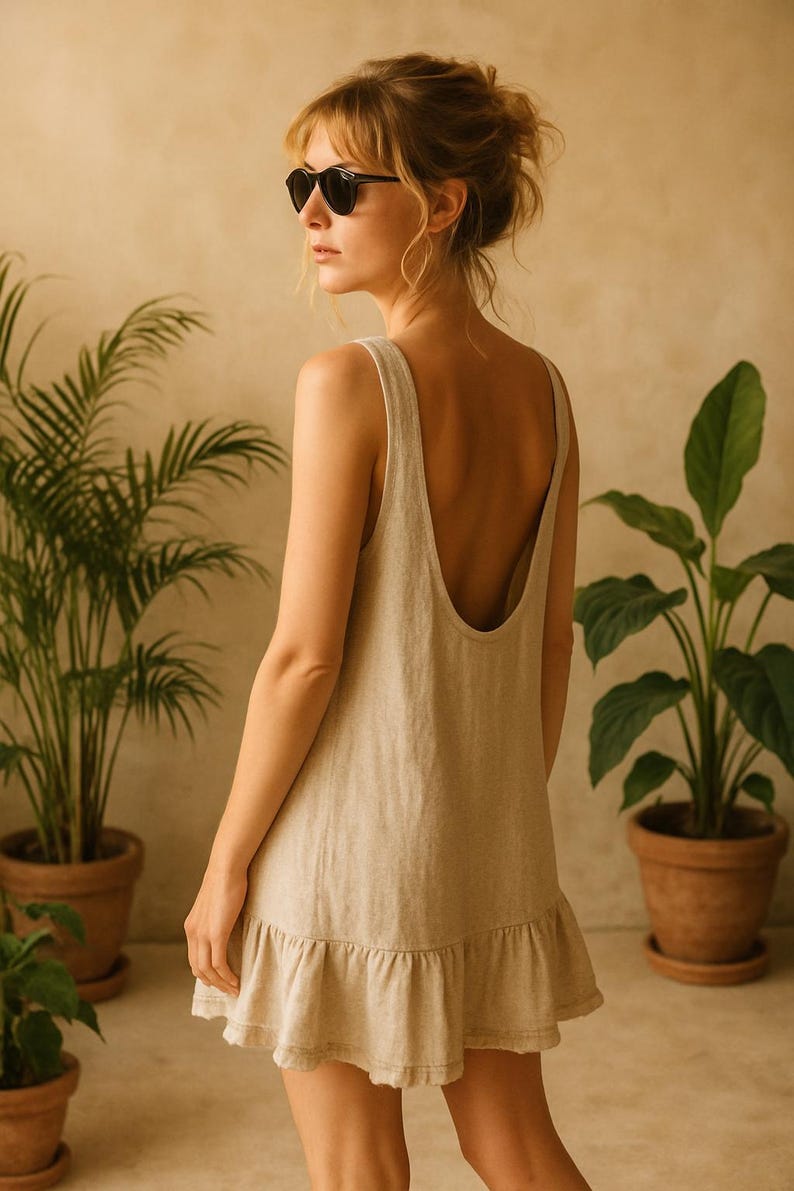 May include: A beige sleeveless dress with a low back and a ruffled hem. The person in the image is wearing black sunglasses. Potted plants are in the background.