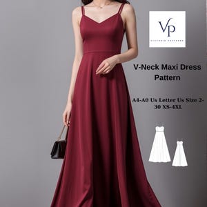 Könnte beinhalten: Ein Schnittmuster für ein Maxikleid mit V-Ausschnitt. Das Schnittmuster ist in den Größen XS-4XL erhältlich und im Format A4-A0 verfügbar. Das Schnittmuster enthält Anweisungen zum Nähen des Kleides.