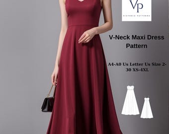 V-Neck Maxi Dress Sewing Pattern: Prom, Evening Gown (XS-4XL)
