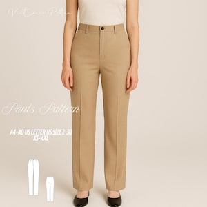 Może przedstawiać: Beżowe spodnie z wysokim stanem i prostą nogawką. Spodnie mają zapięcie na guzik i szlufki na pasek. Obraz zawiera również tekst "Pants Pattern" i informacje o rozmiarze.