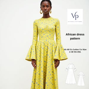 May include: A yellow dress with a floral print and bell sleeves. The dress is shown on a model. The dress pattern is available in sizes XS-4XL. A4-A0 Us Letter Us Size 2-30 XS-4XL.