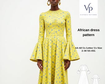 Patron de couture de robe longue africaine Ankara : col rond, TP-4XL (téléchargement numérique)