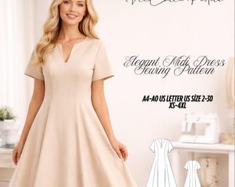 Elegant Midi Dress Sewing Pattern, A-Line Fit Flare, Short Sleeve PDF (XS-4XL)