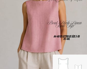 Boat Neck Linen Tank Top Sewing Pattern, Loose Fit Summer Top, XS-4XL