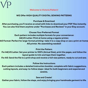 May include: A digital sewing pattern advertisement from Victoria Pattern. The text includes instructions on downloading, printing, and assembling patterns. It also mentions the availability of multiple formats and detailed instruction booklets for sewing projects.