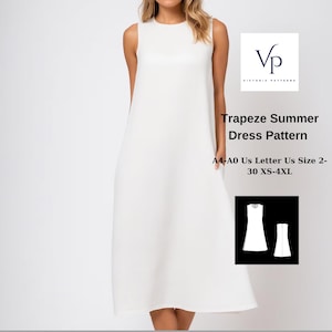 May include: A white trapeze dress pattern for sizes XS-4XL. The pattern is available in A4-A0 sizes and includes instructions for sewing the dress. The pattern is shown on a white background with a model wearing the dress.