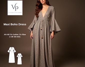 Boho Maxi Dress Sewing Pattern: Flare Sleeve, XS-4XL (Digital Download)