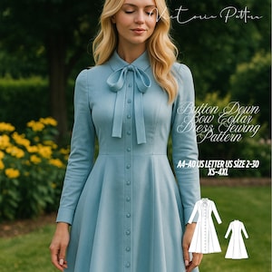 Puede incluir: Un vestido abotonado azul claro con cuello de lazo. El vestido tiene mangas largas y una falda acampanada. La imagen incluye el texto "Button Down Bow Collar Dress Sewing Pattern" e información de tallas.
