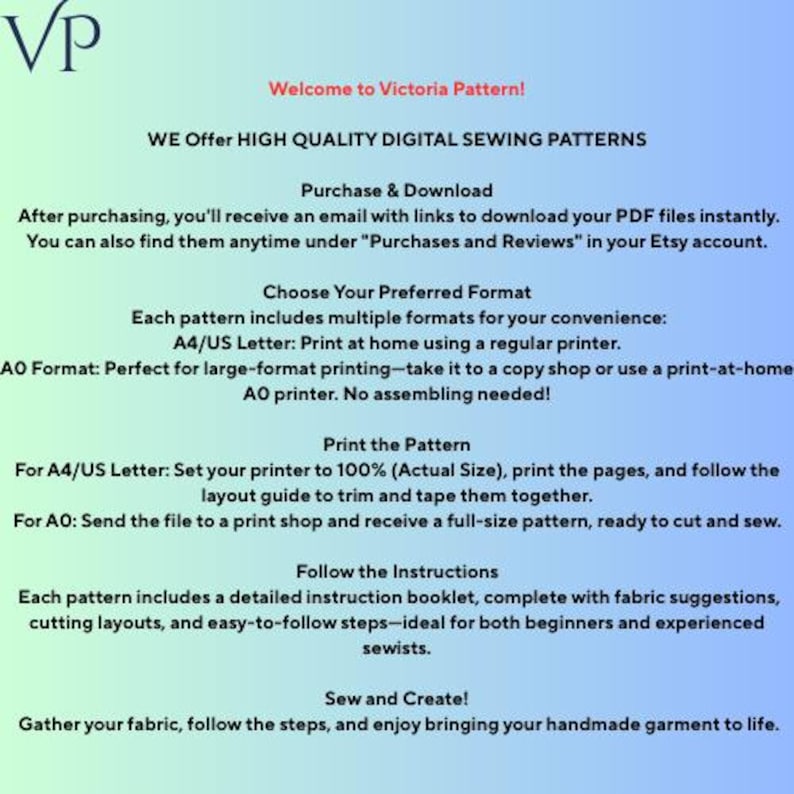 May include: A digital sewing pattern advertisement with a gradient blue background. The text reads "Welcome to Victoria Pattern!" and details on downloading, printing, and using the patterns. Includes instructions for A4/US Letter and AO formats.