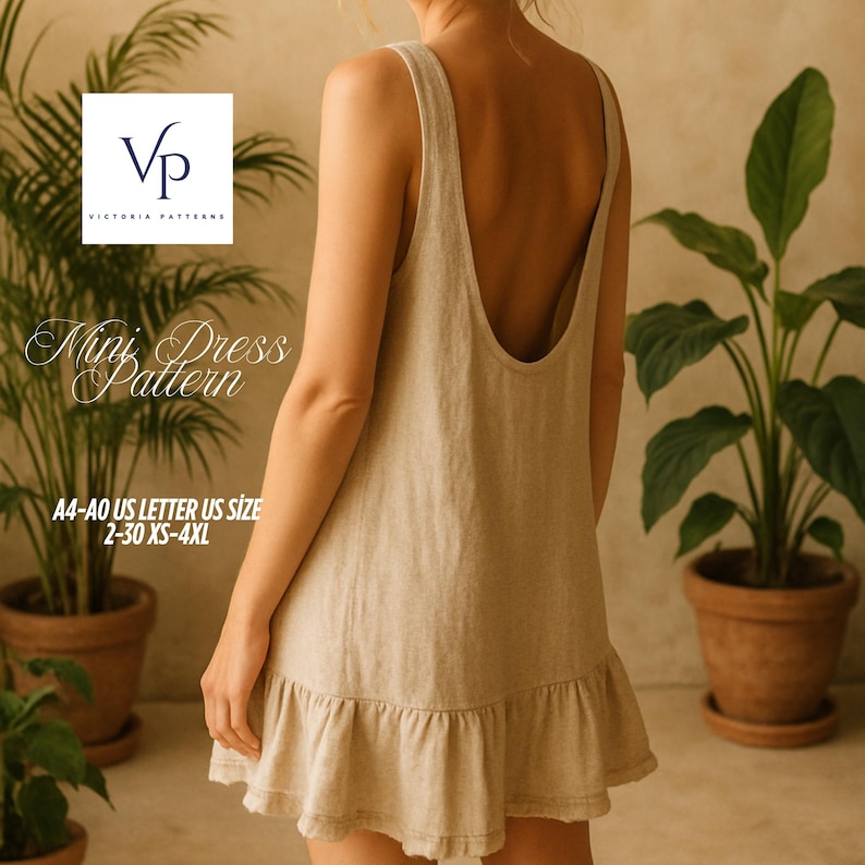 May include: A beige mini dress with a low back and a ruffled hem. The dress is sleeveless and appears to be made of a soft, lightweight fabric. The image also includes text that reads "Mini Dress Pattern" and size information.