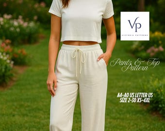 May include: A cream-colored two-piece outfit consisting of a short-sleeved crop top and wide-leg pants with a drawstring waist. The outfit is part of a pattern labeled "Pants & Top Pattern" with size information.