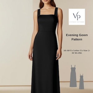 Puede incluir: Un patrón de costura para un vestido de noche negro con escote cuadrado y sin mangas. El patrón incluye instrucciones para las tallas XS-4XL y está disponible en tamaños A4 y A0.