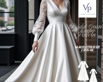 Surplice Bridal Gown Sewing Pattern, Wedding Dress Pattern, Bridal Gown, Puff Sleeve Dress, Ball gown, XS-4XL A4 A0 US