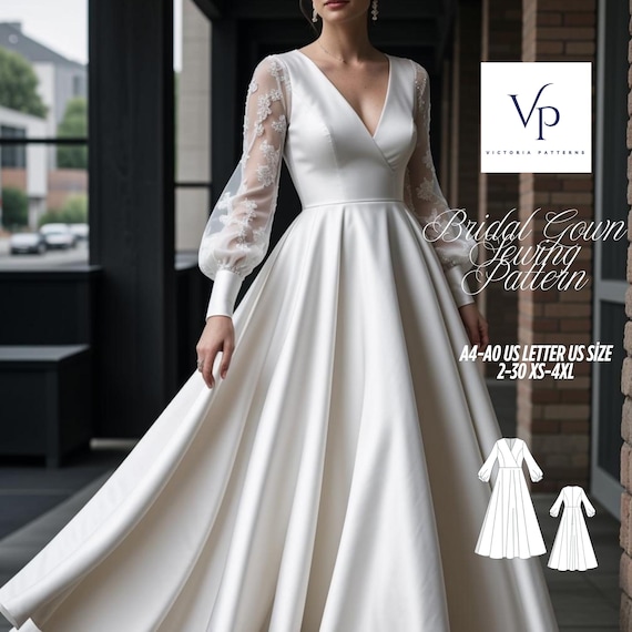 Surplice Wedding Ball Gown Sewing Pattern, Puff Sleeve (A4 A0 US XS-4XL) (Digital Download)