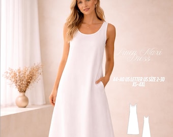 Linen Maxi Dress Sewing Pattern, Sleeveless A-Line, Minimalist Scoop Neck (PDF Pattern)