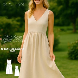 Midi Linen Dress Pattern V Neck Sleeveless Dress Sewing Pattern, Midi Gathered Summer Dress PDF Pattern, Easy Beginner Pattern, XS-4XL