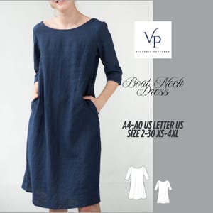Op de afbeelding: Een blauwe jurk met een boot hals en zakken. De jurk wordt getoond op een model. De tekst "Boat Neck Dress" en "A4-A0 US LETTER US SIZE 2-30 XS-4XL" is zichtbaar in de afbeelding.