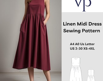Cottagecore Linen Midi Dress Sewing Pattern: High Waist (XS-4XL) (Digital Download)