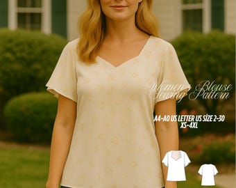 Flutter Sleeve Blouse Sewing Pattern: V-Neck Top, Easy DIY (PDF, XS-4XL)
