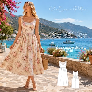 Puede incluir: Un vestido midi con un amplio escote redondo y un estampado floral de rosas rosadas sobre un fondo crema. El texto Victoria Pattern, Floral Wide Scoop Neck Midi Dress y A4-A0 US LETTER US SIZE 2-30 XS-4XL es visible en la imagen.