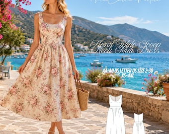 Floral Midi Dress Sewing Pattern | Wide Scoop Neck, Gathered Waist (Digital Download)