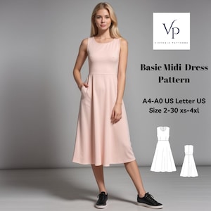 May include: A pink midi dress sewing pattern with a simple design. The pattern includes sizes 2-30 and XS-4XL. The pattern is available in A4, A0, UK Letter, and UK sizes.