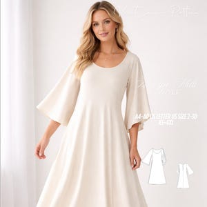 Puede incluir: Un vestido midi de línea A color crema con mangas anchas y acampanadas. El vestido tiene un escote redondo y una falda fluida. El texto en la imagen dice "A Line Midi Dress" y "A4-AO US LETTER US SIZE 2-30 XS-4XL".