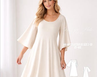 A Line Midi Dress Sewing Pattern, Bell Sleeve, Back Button, Flowy Style (Digital Download)