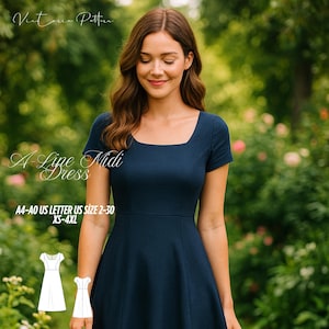 Op de afbeelding: Een marineblauwe A-lijn midi-jurk met een vierkante halslijn en korte mouwen. De afbeelding bevat de tekst "Victoria Pattern" en "A-Line Midi Dress". Het patroon is verkrijgbaar in maten 2-30 en XS-4XL.