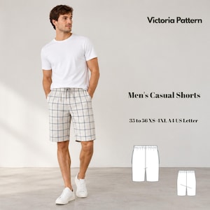 May include: A white t-shirt and plaid shorts with a grid pattern in blue and beige. Text reads Victoria Pattern, Men's Casual Shorts, 35 to 56 XS-4XL A4 US Letter. Includes a technical line drawing of the shorts in a front and back view.