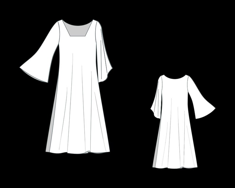 K&ouml;nnte beinhalten: Zwei wei&szlig;e Kleider mit langen &Auml;rmeln und quadratischem Ausschnitt. Das Kleid links ist l&auml;nger als das Kleid rechts.