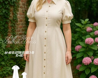 May include: A beige button-down dress with short puff sleeves. The dress has a collared neckline and a fitted bodice that flares into a midi-length skirt. The dress is made of a light-colored fabric and features a row of buttons down the front.