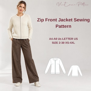May include: A sewing pattern for a zip front jacket, featuring text that reads Victoria Pattern, Zip Front Jacket Sewing Pattern, A4-A0 US LETTER US, SIZE 2-30 XS-4XL. Includes a technical line drawing of the jacket front and back views.