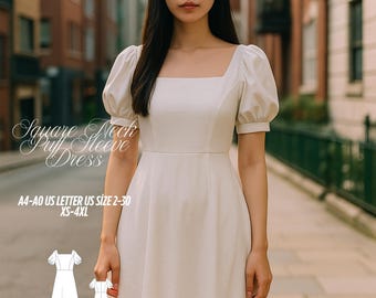Square Neck Puff Sleeve Midi Dress Sewing Pattern, XS-4XL (PDF Pattern)