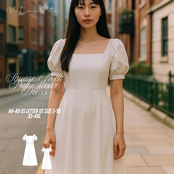 Square Neck Puff Sleeve Midi Dress Sewing Pattern, XS-4XL (PDF Pattern) - Etsy Israel Square Neck Puff Sleeve Midi Dress Sewing Pattern, XS-4XL (PDF Pattern) - Etsy Israel