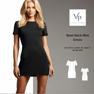 May include: A black boat neck mini dress sewing pattern. The pattern is for sizes XS-4XL and includes instructions for making the dress. The pattern is available in A4-A0 size.