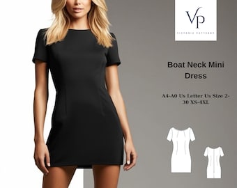Boat Neck Mini Dress Sewing Pattern: XS-4XL (Digital Download)