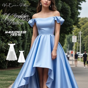 Patrón de costura para vestido con hombros descubiertos: mangas abullonadas, maxi y asimétrico (PDF)