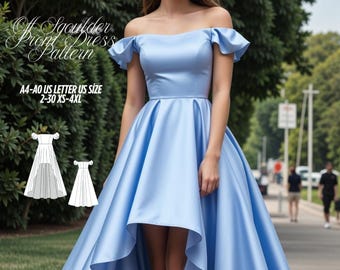 Off Shoulder Dress Sewing Pattern – Puff Sleeve, Maxi & High Low (PDF)