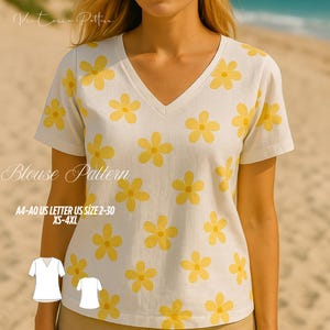 May include: A white V-neck blouse with a yellow floral pattern. The blouse has short sleeves and the text "Blouse Pattern" and "A4-A0 US LETTER US SIZE 2-30 XS-4XL" are visible. The blouse is a size XS-4XL.