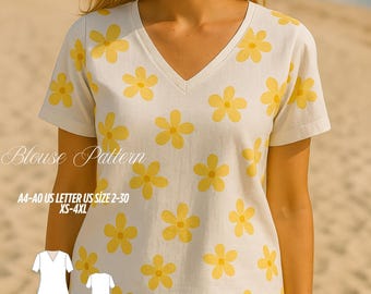 V-Neck Top Sewing Pattern: Women's Blouse, Easy Sew (XS-4XL) (Digital Download)
