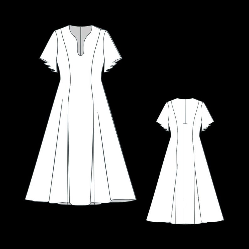 Schnittmuster für elegantes Midikleid mit kurzen Ärmeln, A-Line-Passform PDF (XS-4XL) Bild 3