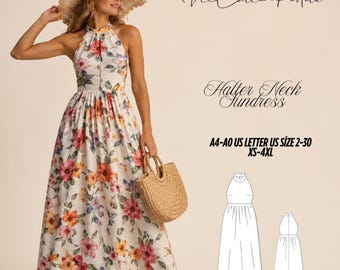 Halter Neck Sundress Sewing Pattern, Floral Maxi Summer Dress, XS-4XL