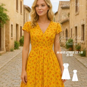 Pode incluir: Uma mulher usando um vestido midi amarelo floral com mangas curtas e decote em V. O vestido tem cintura ajustada e saia fluida. A imagem inclui o texto "Floral Midi Dress Sewing Pattern" e informações de tamanho.